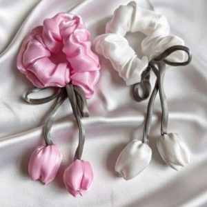 کش مو ساتن گل لاله صورتی و سفید کد 908
