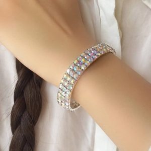 دستبند کشی فول نگین ۳ردیفه نقره ای نگین هفت رنگ کد348