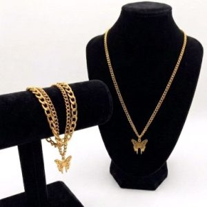 نیم ست گردنبند و دستبند استیل طرح طلا مدل پروانه با زنجیر کارتیر کد۹۳۳