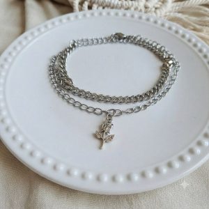 دستبند دولاین استیل مدل کارتیر و گل رز کد۱۵۷