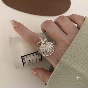 انگشتر فشن آبکاری نقره مدل صدف و ستاره دریایی کد۷۲۸